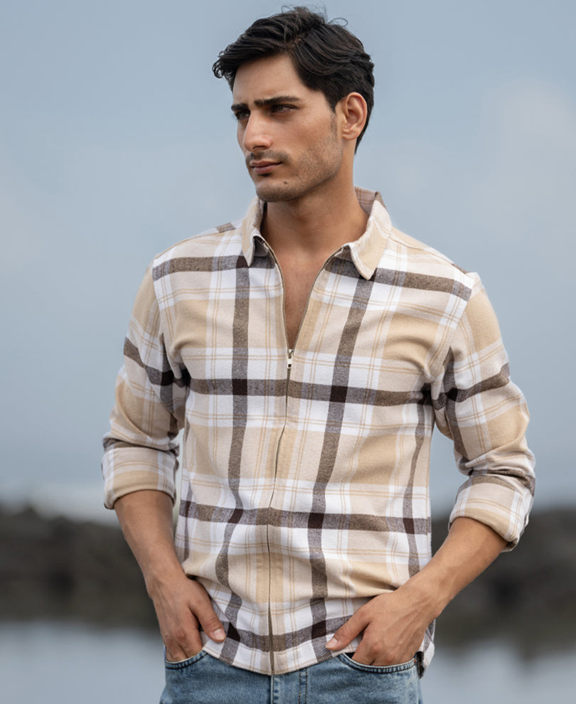 Beige Checks Zipper Shirt.