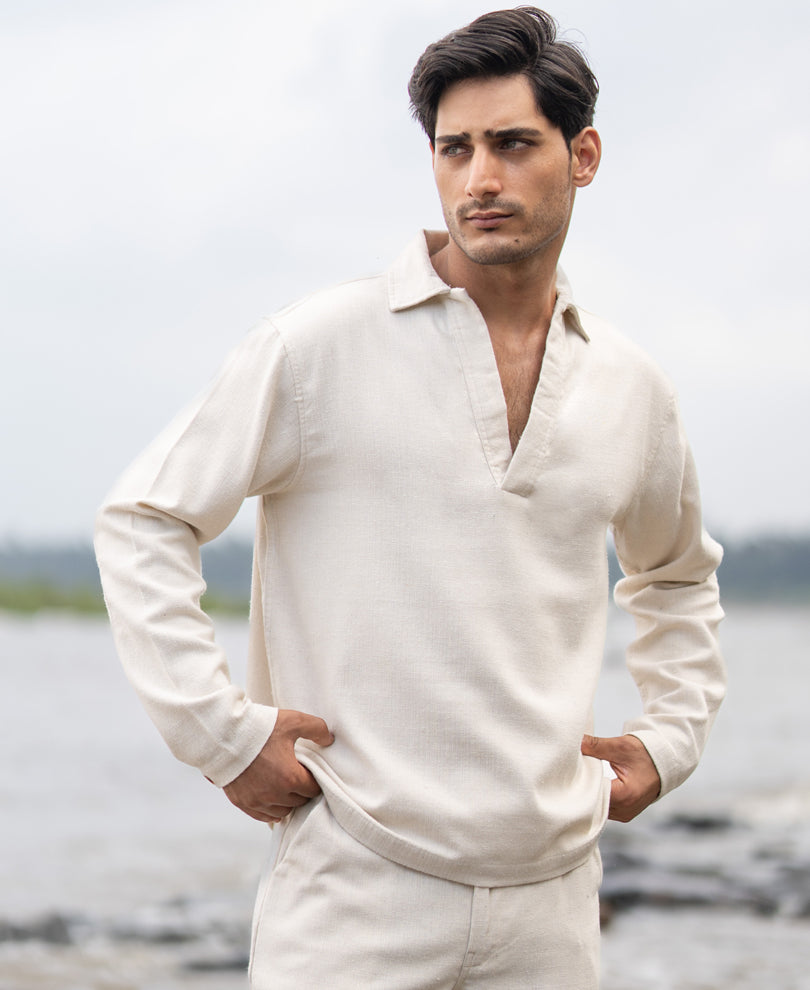 Cream Structured Cotton Kurta Shirt.