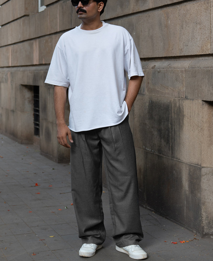 Grey Pleated Baggy Trousers