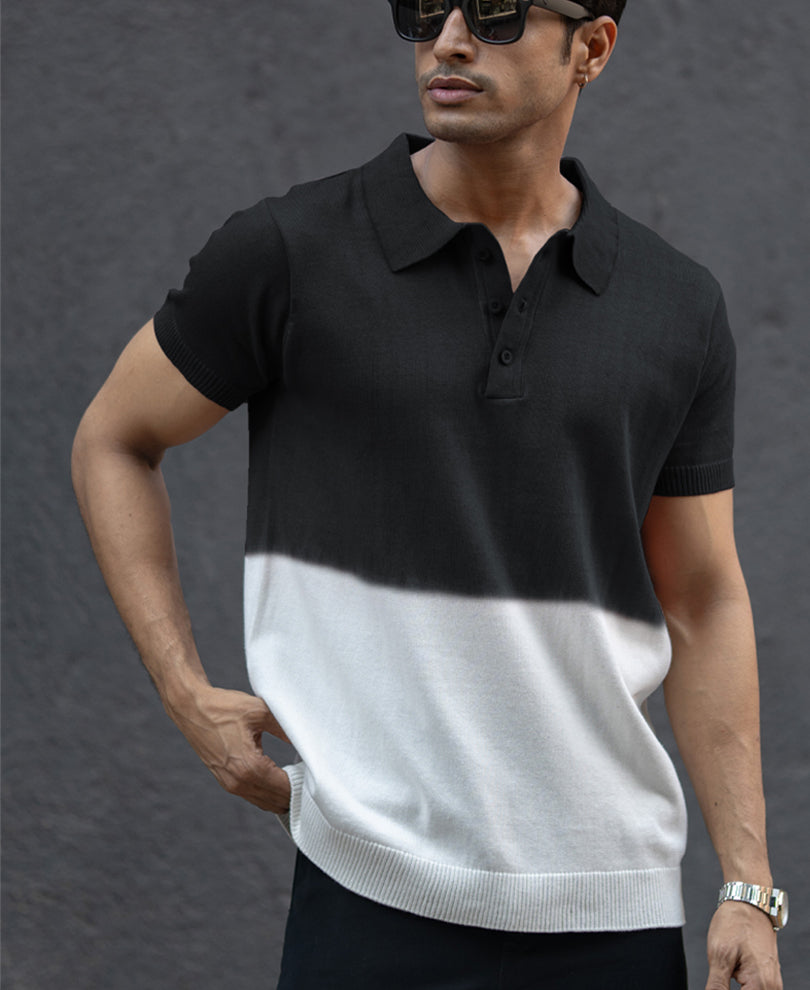 Black Ombre Knit Polo T-Shirt.