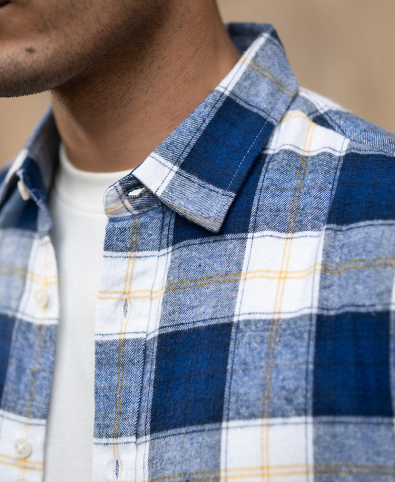 Blue Brushed Regular Fit Checks Shirt.