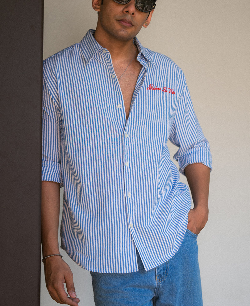 Blue Seersucker Embroidery Stripe Shirt 100% Cotton
