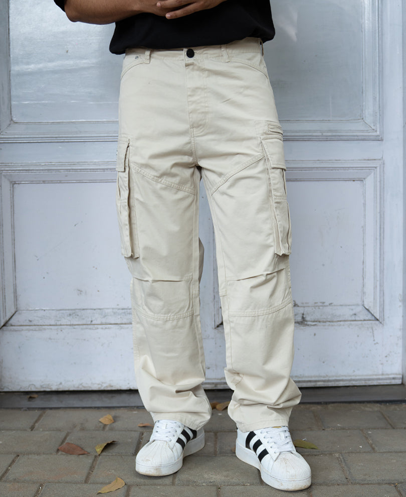 Beige Overdyed Cotton Cargo Pants.