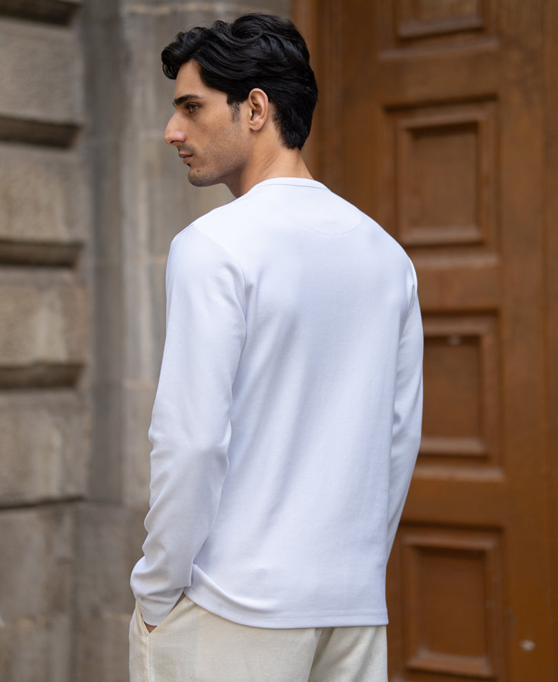 White Rib Knit Henley T-Shirt