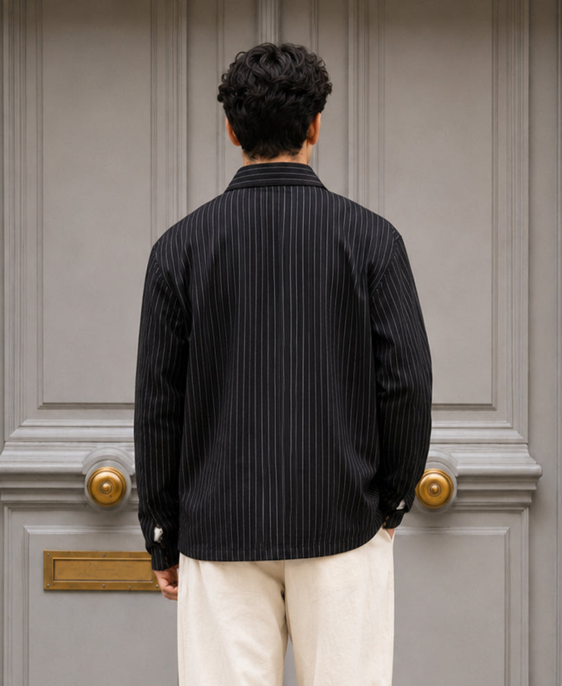 Black Oxford Stripe Zipper Shirt