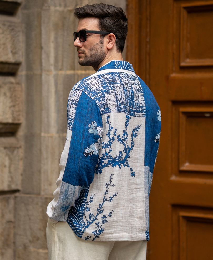 Blue Patch Print Kurta Shirt 100% Cotton