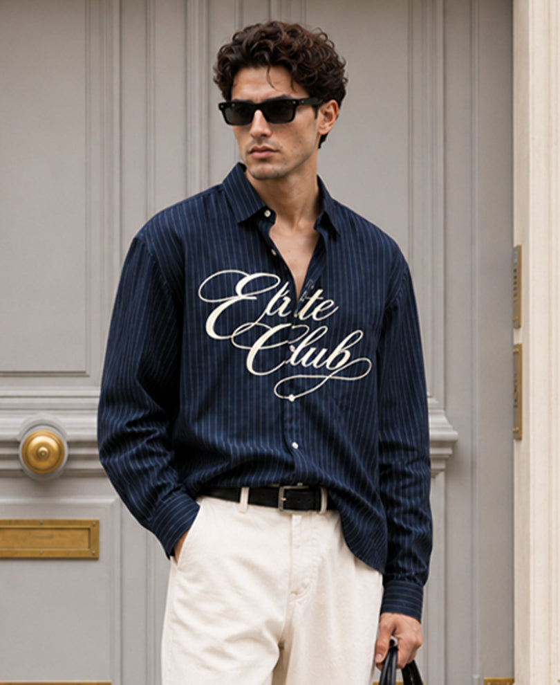 Navy Calligraphy Print Stripe Shirt 100% Cotton