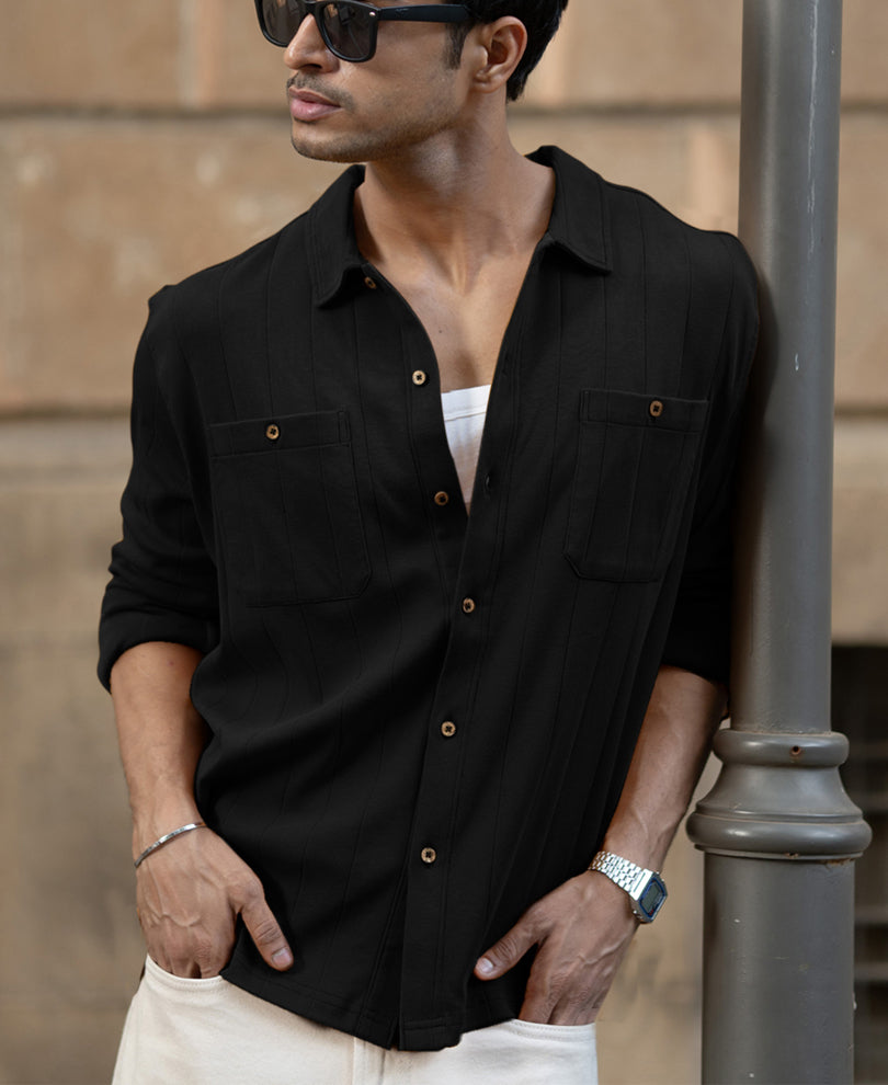 Black Double Pocket Knit Shirt.