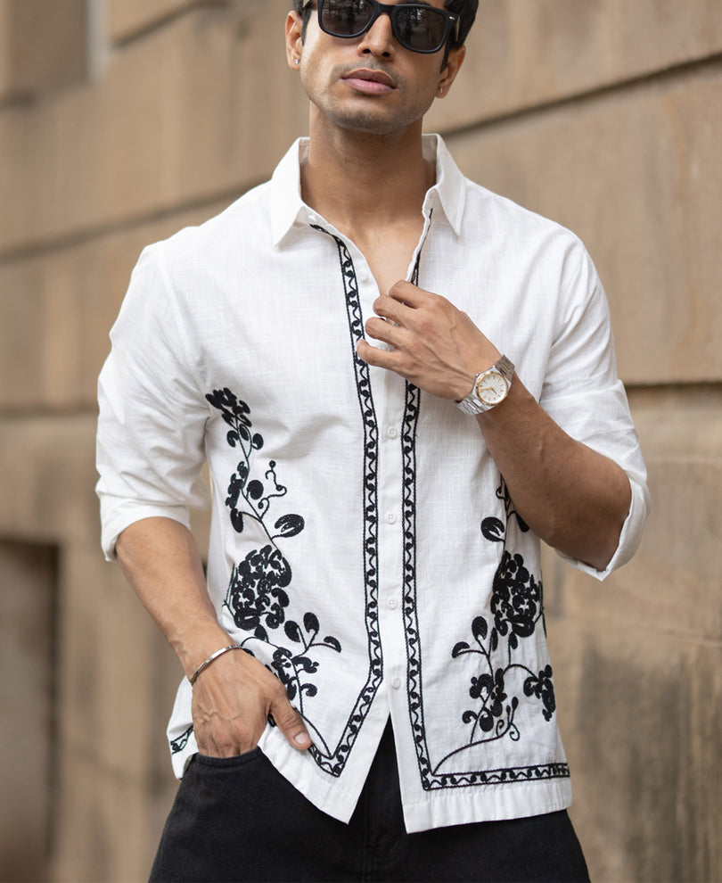 White Cotton Slub Embroidered Shirt.