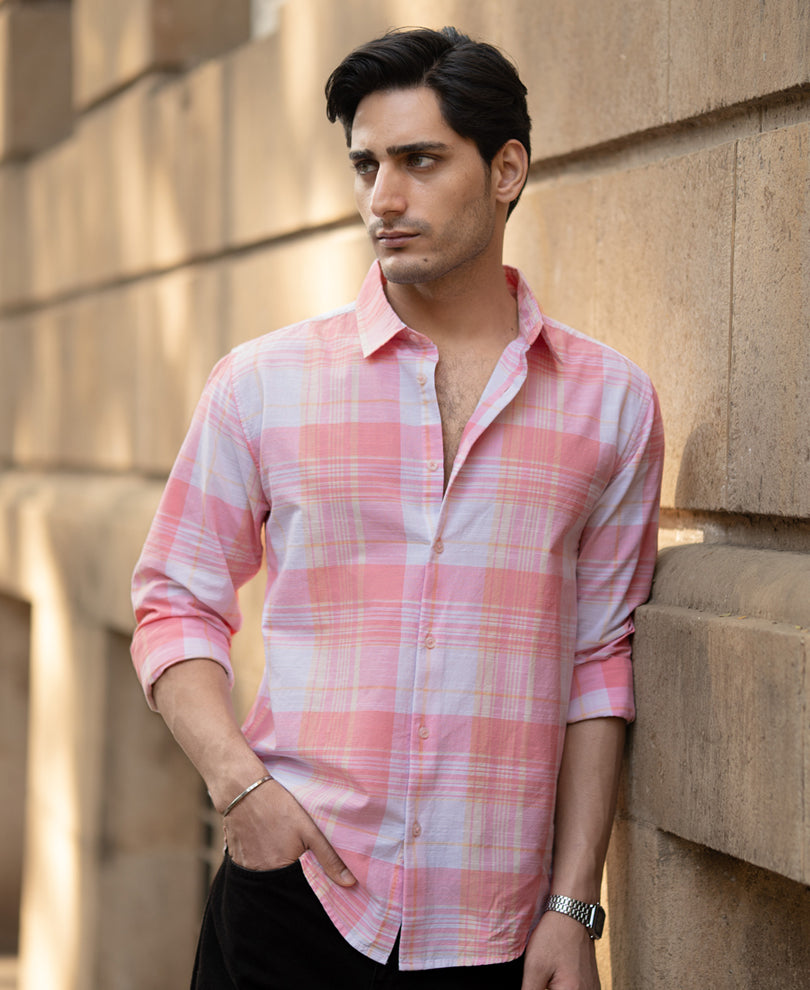 Peach Lightweight Summer Checks Shirt.