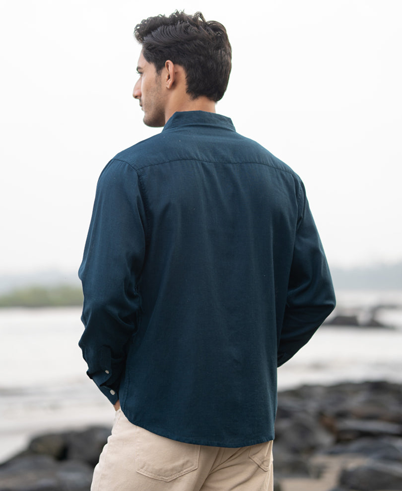 Dark Teal Linen Blend Shirt.