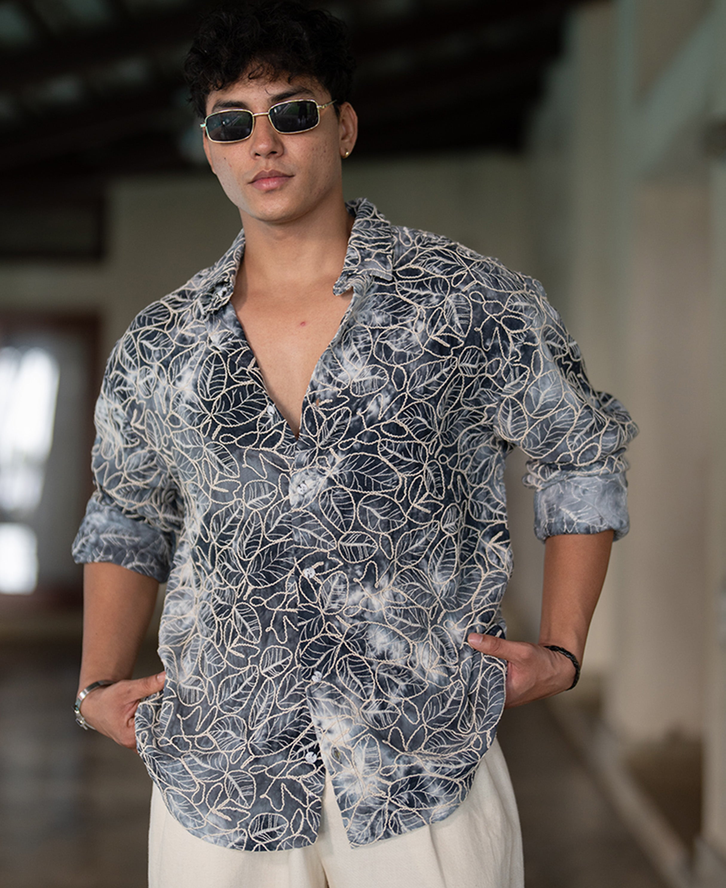 Blue Embroidered Tie Dye Shirt 100% Cotton