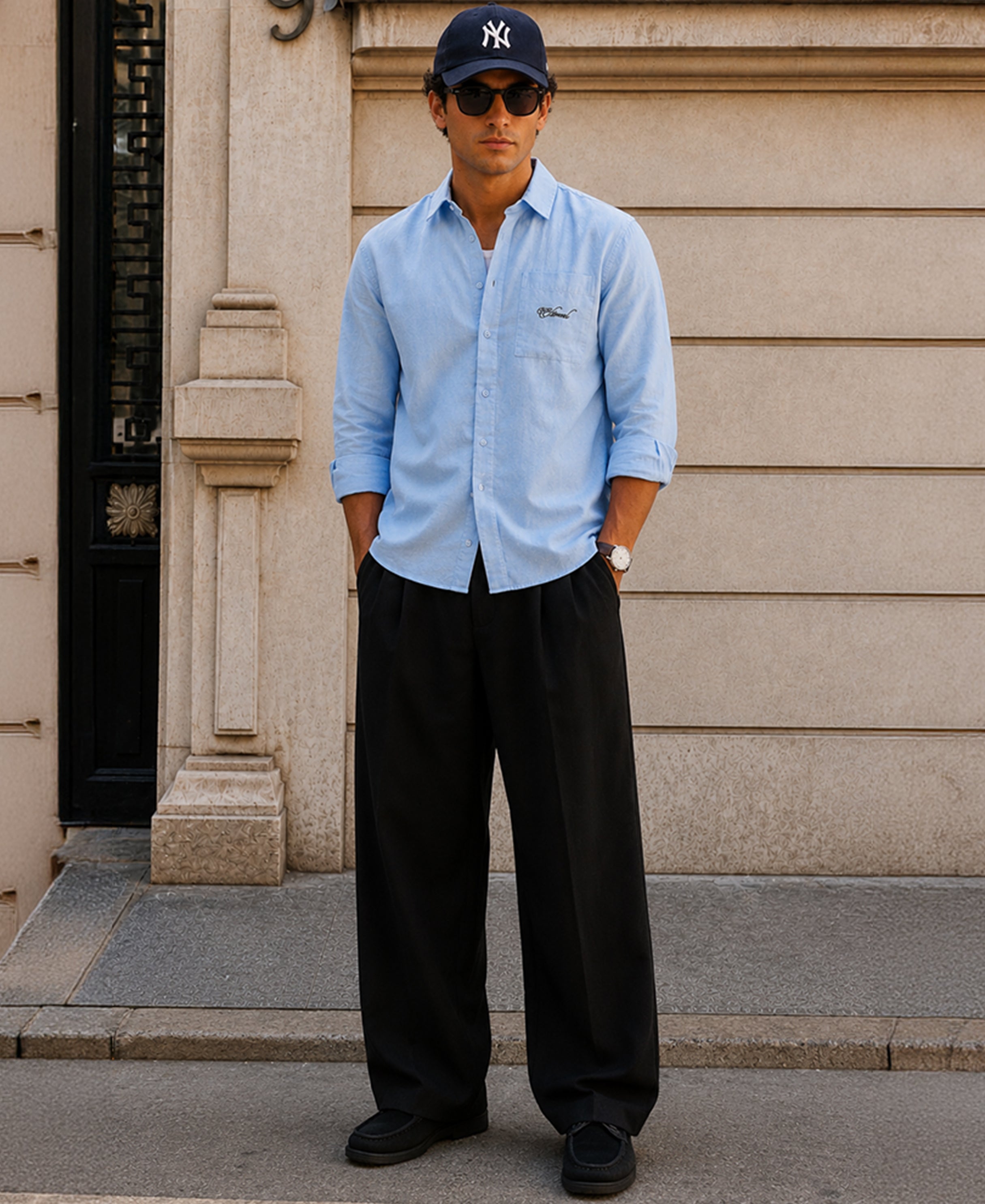 Blue Linen Blend Embroidered Shirt