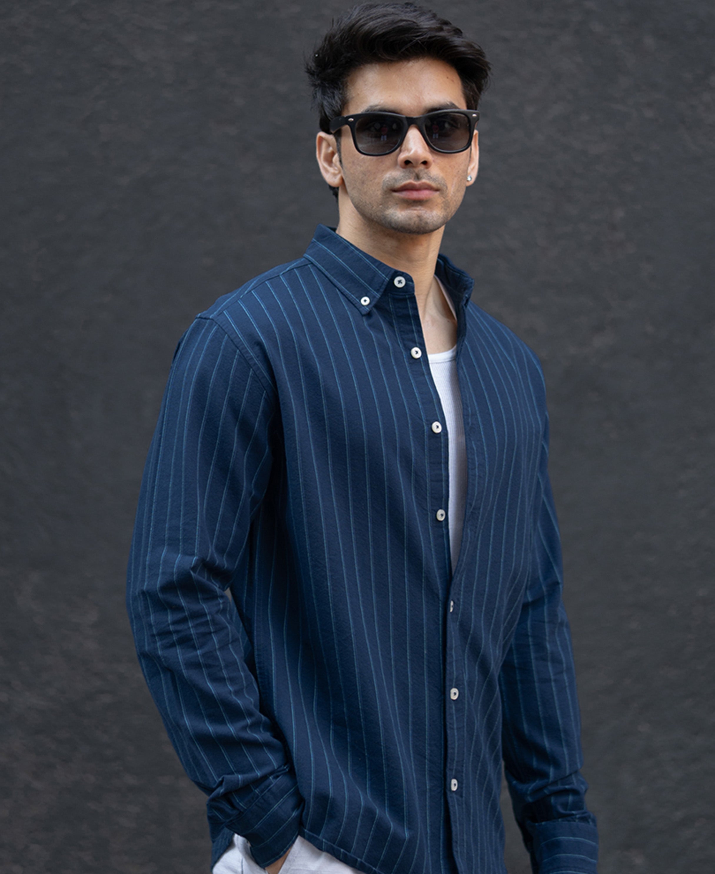 Navy Oxford Stripe Shirt 100% Cotton