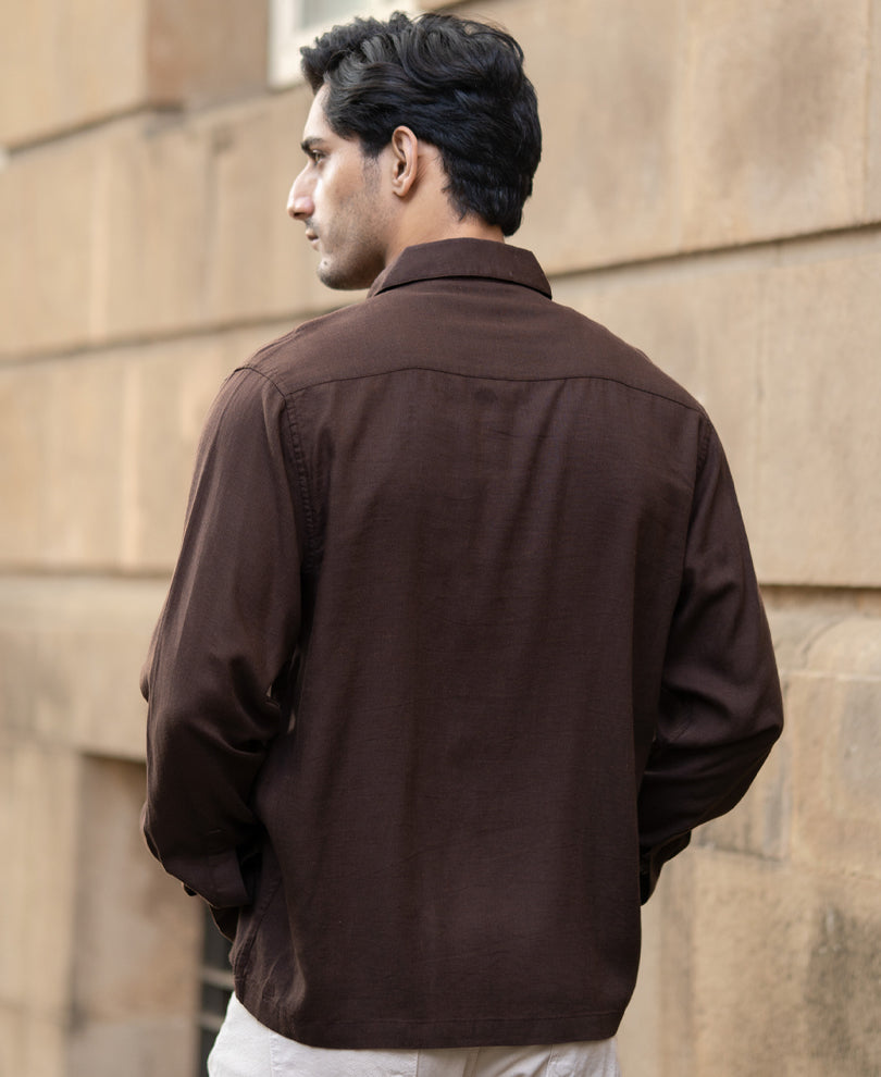 Coffee Brown Linen Blend Zipper Shirt.