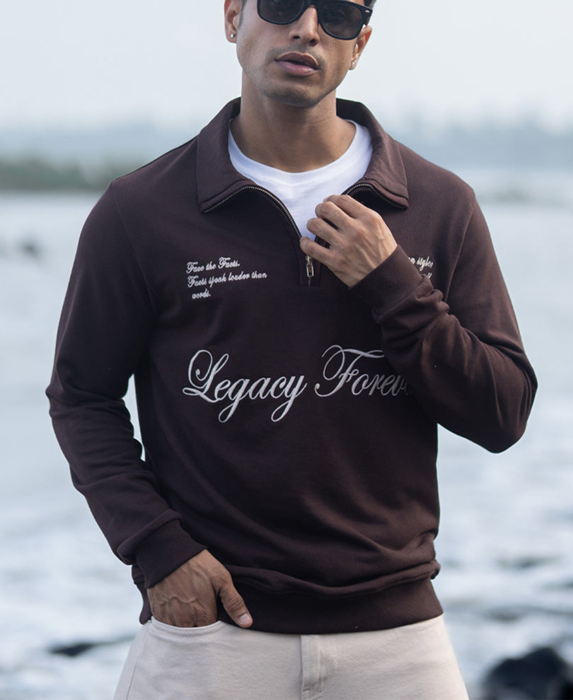 Brown Embroidered Quarter Zip T-Shirt.