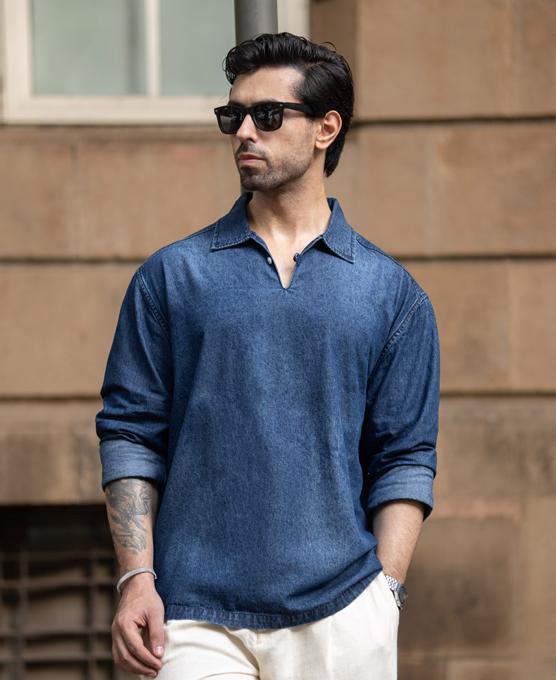 Dark Blue Washed Denim Kurta Shirt