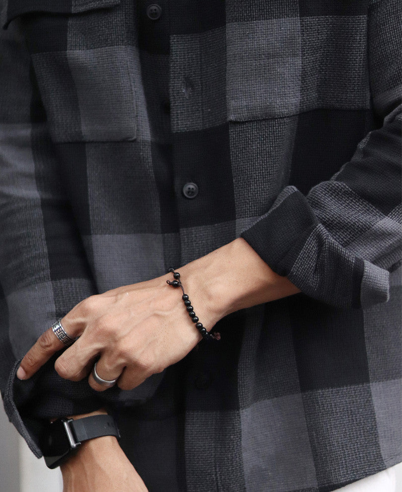 Charcoal Black Checks Structured Oversize Drop Shoulder Shirt.