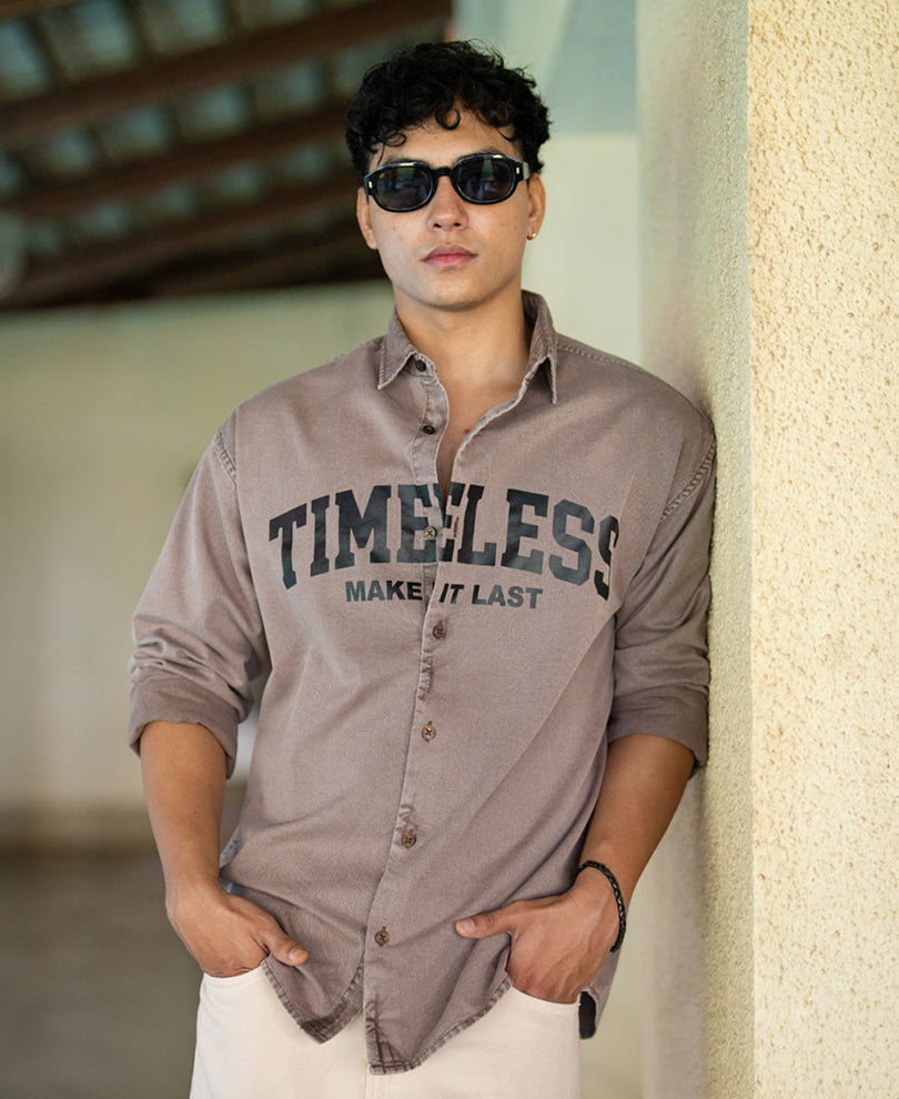 Light Brown Washed Printed Shirt 100% Cotton