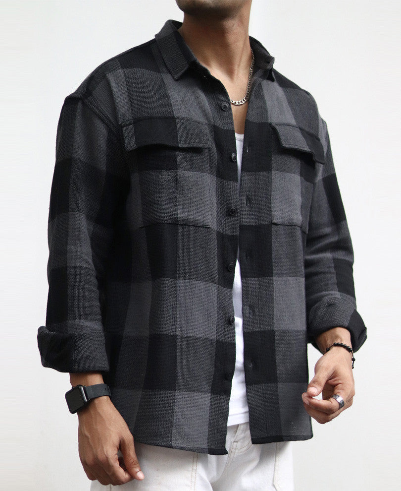 Charcoal Black Checks Structured Oversize Drop Shoulder Shirt.