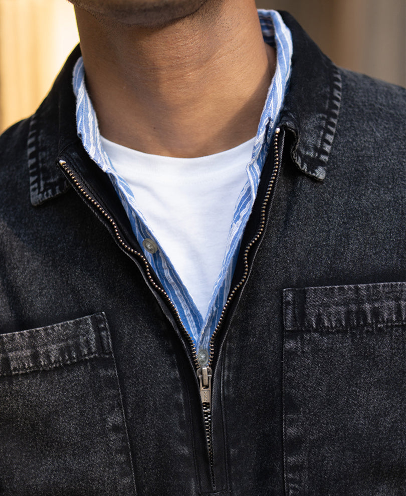 Black Washed Denim Polo Shirt.