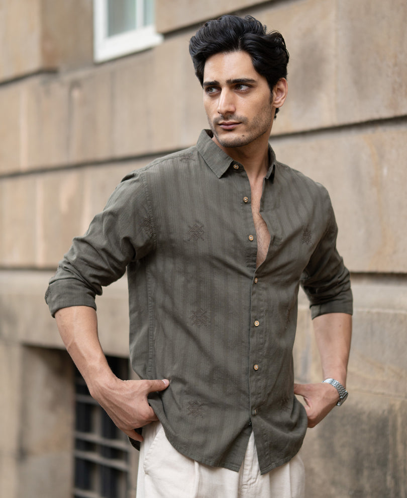 Olive Structure Embroidered Shirt.