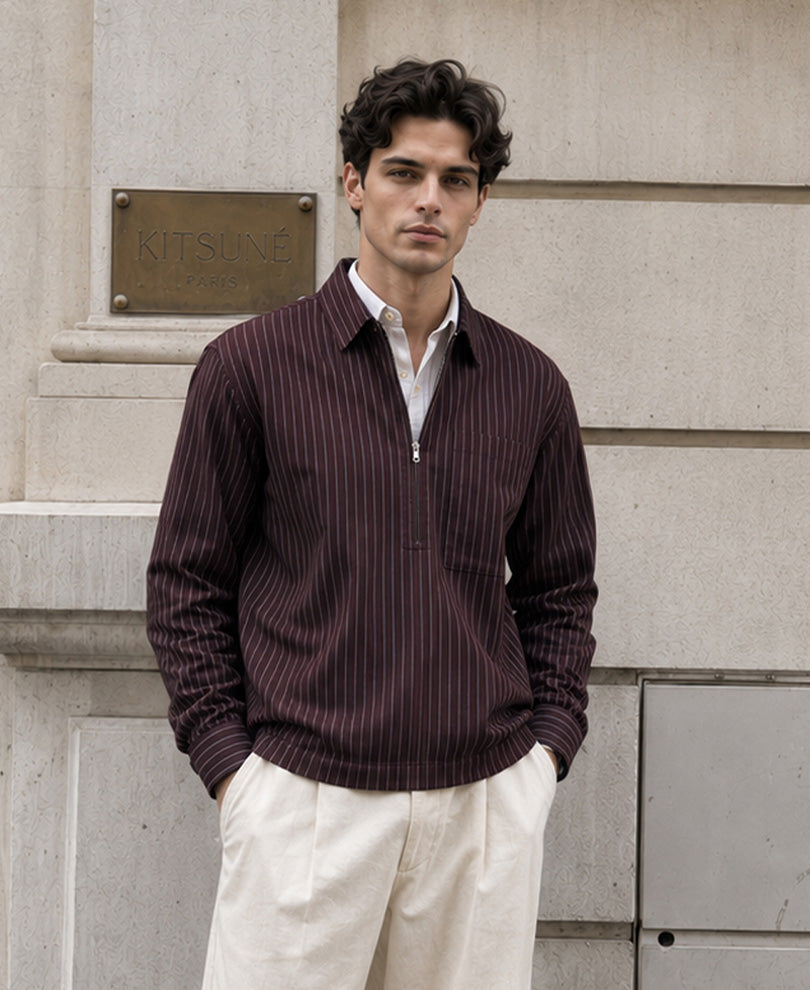 Brown Oxford Stripe Zipper Shirt