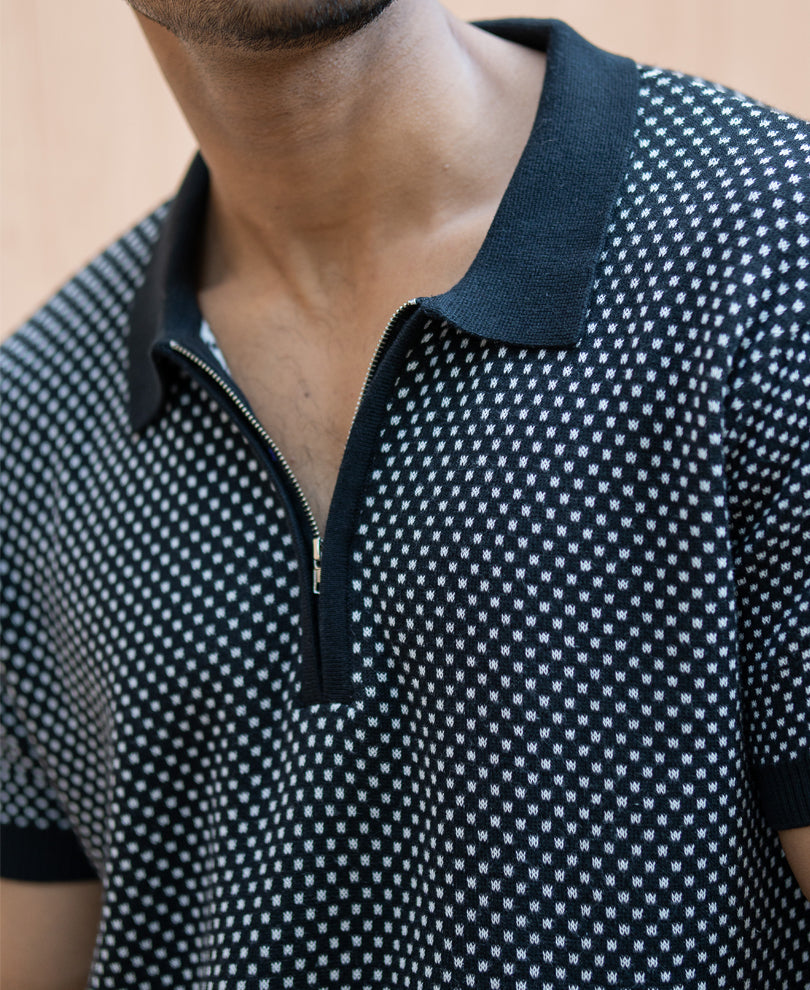Black Jacquard Knit Polo T-Shirt.