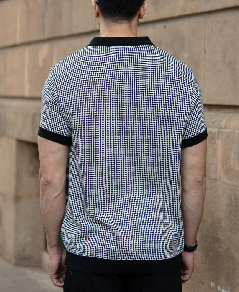 Black And White Knit Polo T-Shirt.