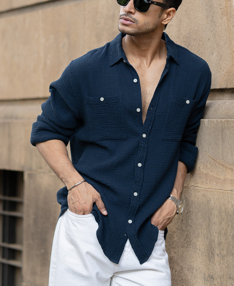 Navy Crinkled Shirt With Pockets.