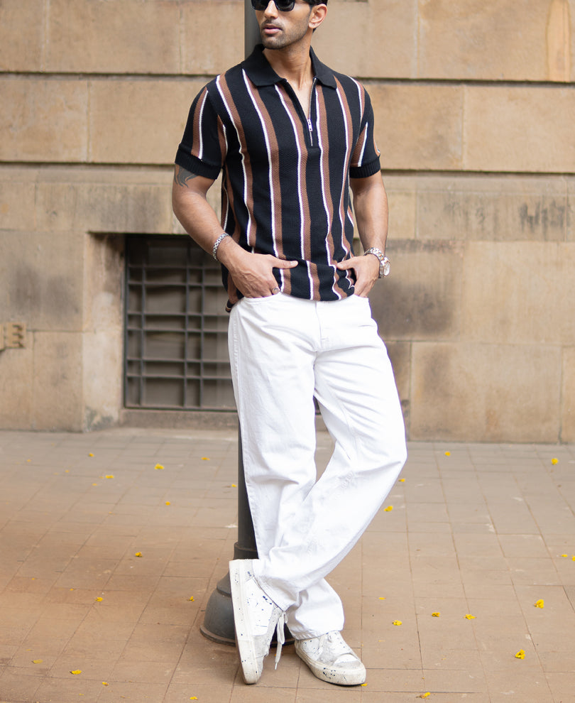 Multicolour Knitted Stripe Zipper T-Shirt.