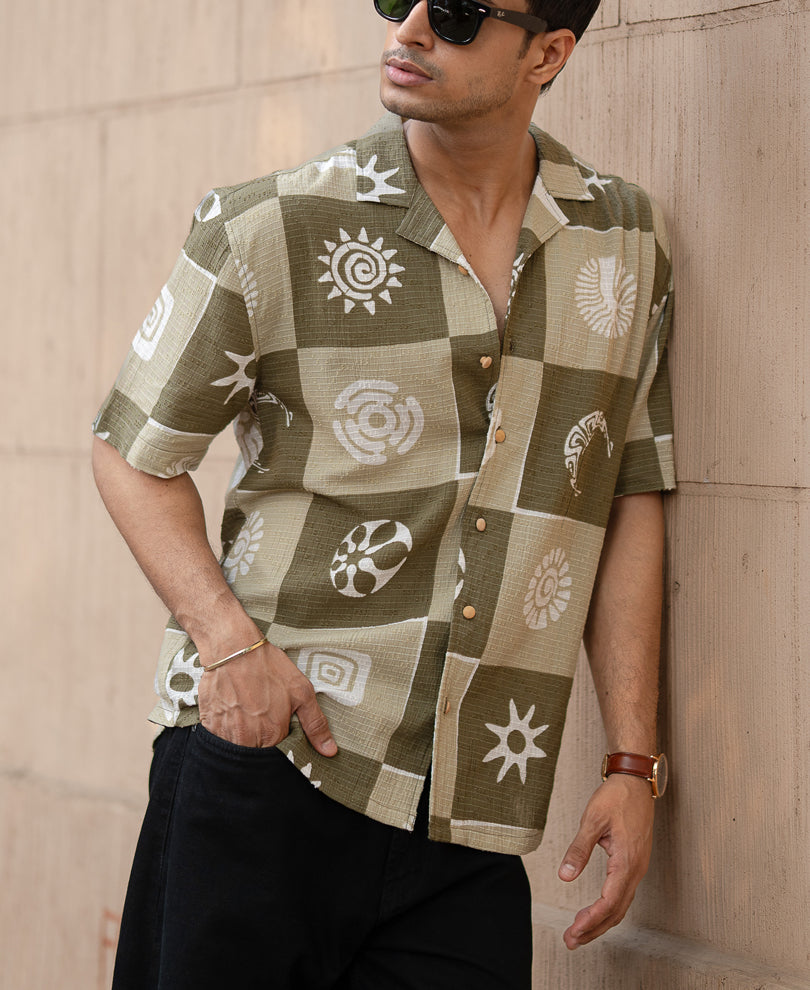 Green Structured Cuban Printed Shirt.
