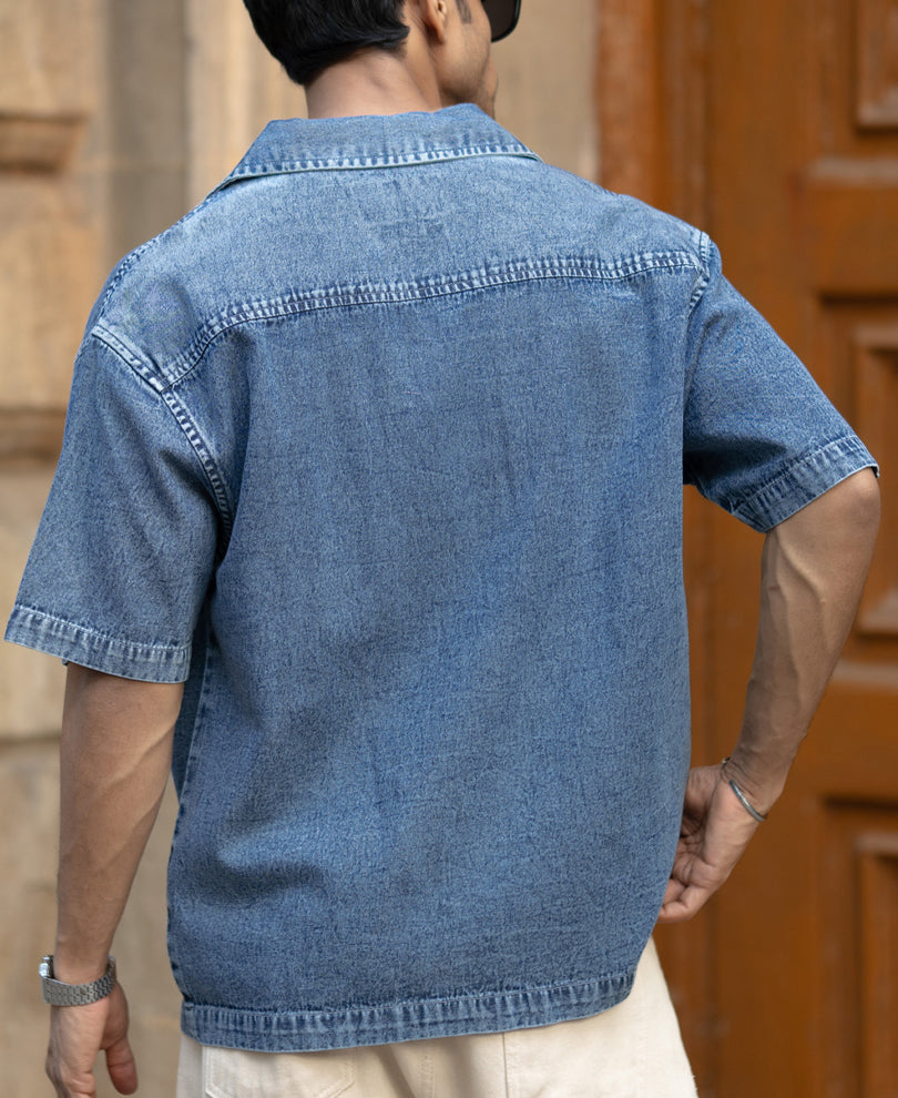 Dark Blue Washed Boxy Denim Shirt.