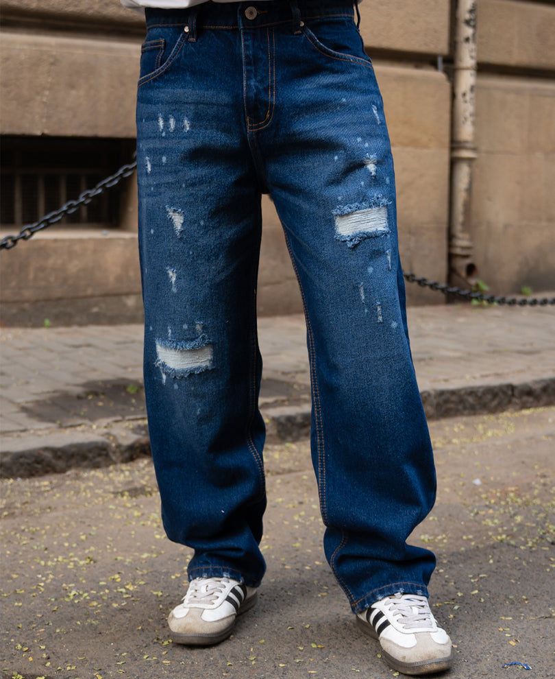 Dark Blue Distressed Baggy Fit Jeans.