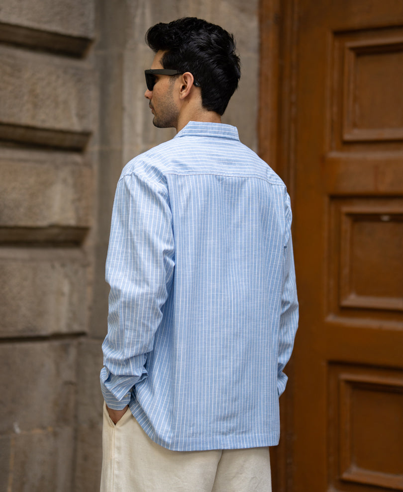 Blue Embroidered Stripe Shirt 100% Cotton