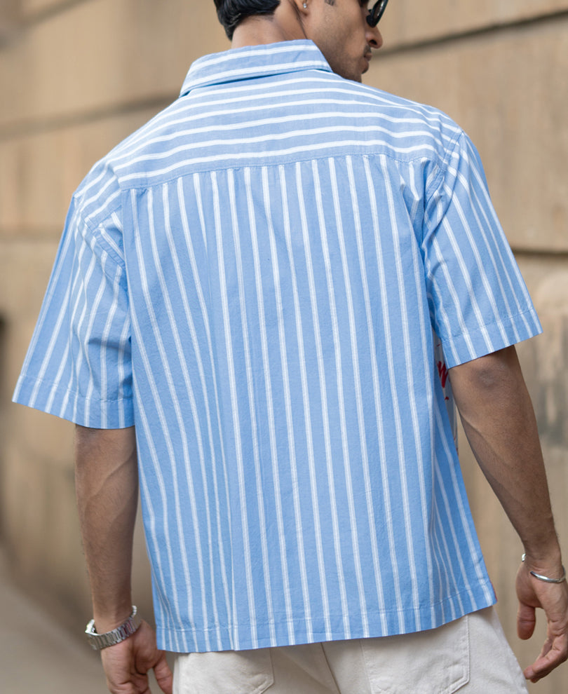 Blue Slogan Print Stripe Shirt.