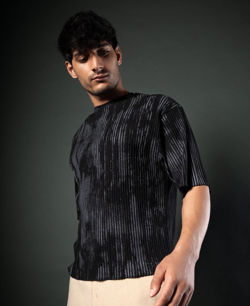 Black Printed Structure Stripe T-Shirt.