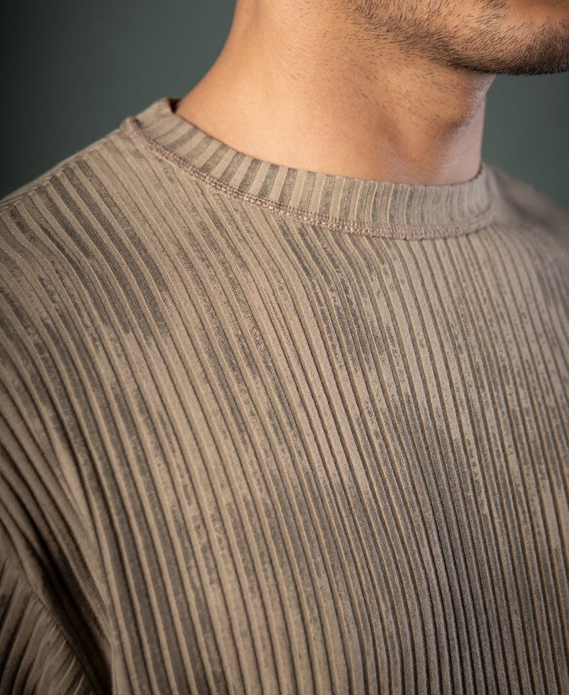 Beige Printed Structure Stripe T-Shirt.