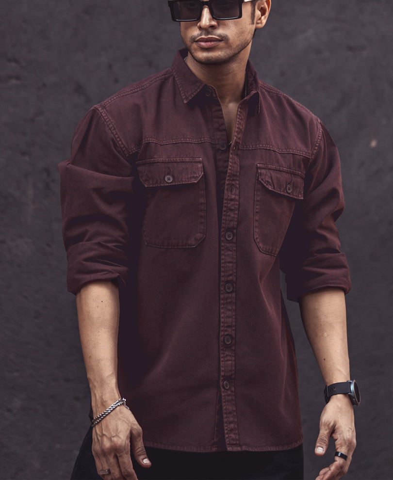 Dark Brown Denim Shacket Full Sleeves Shirt.
