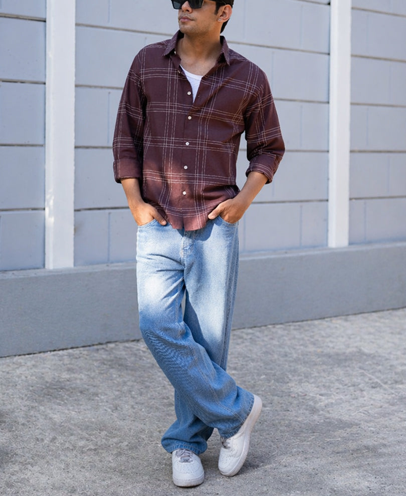 Brown Linen Blend Checks Shirt.