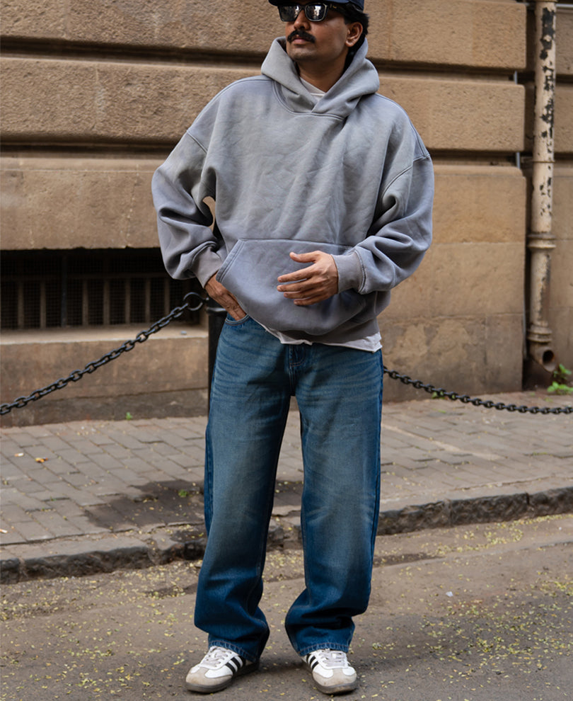 Dark Blue Washed Baggy Fit Jeans.