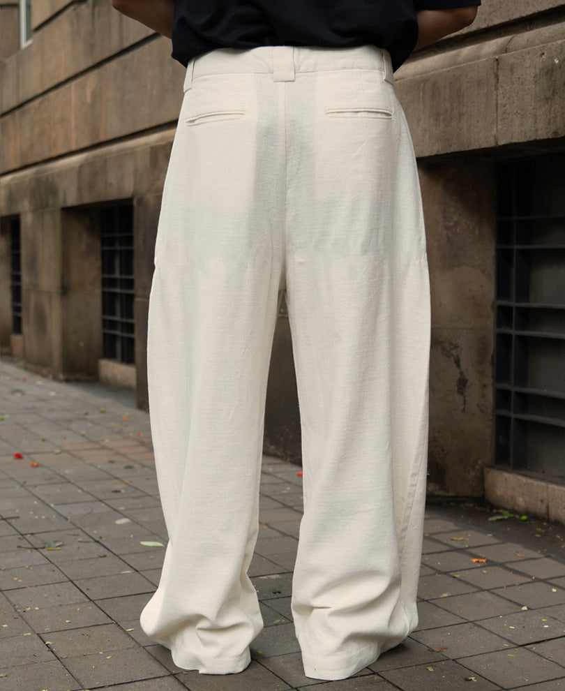 Cream Linen Blend Barrel Fit Pants