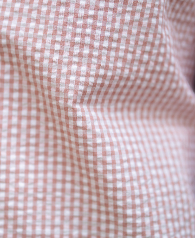Peach Embroidered Seersucker Check Shirt 100% Cotton