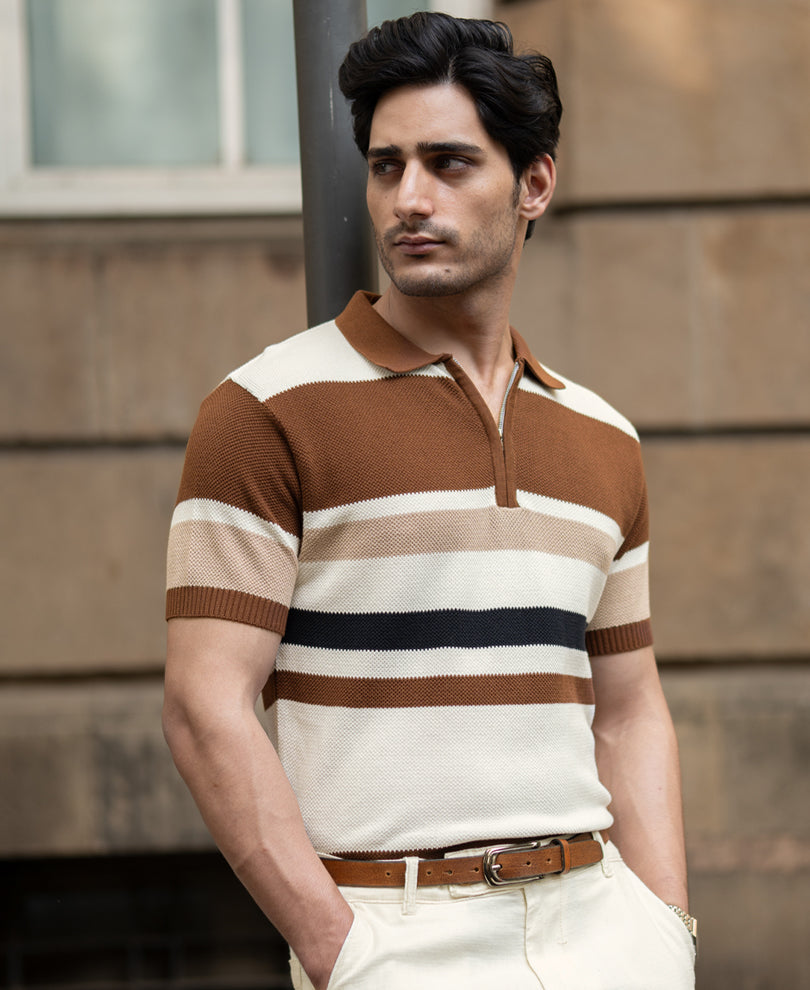 Multi Color Stripe Knit T-Shirt.
