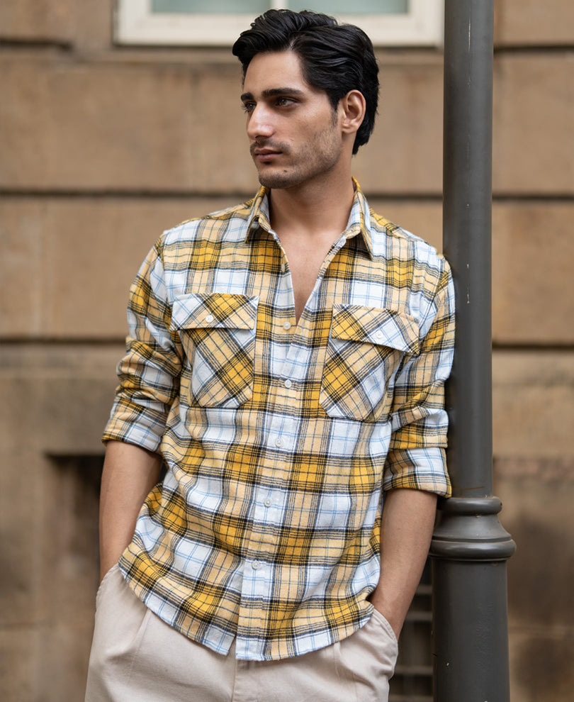 Yellow Checks Double Pocket Shirt.
