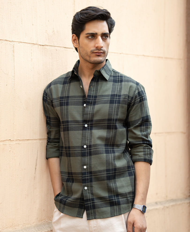 Olive Structured Checks Shirt.