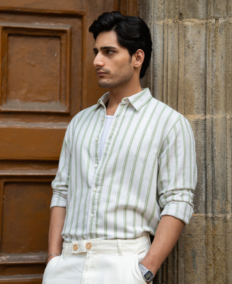 Natural & Green Broad Stripe Shirt.