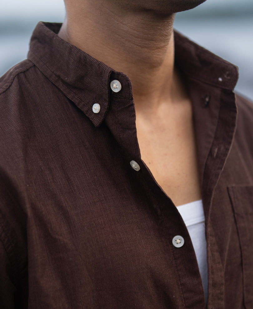 Coffee Corduroy Button Down Shirt.