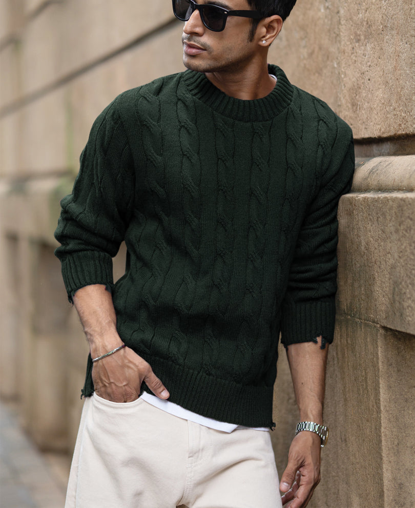 Pine Distressed Cable Knit T-Shirt.