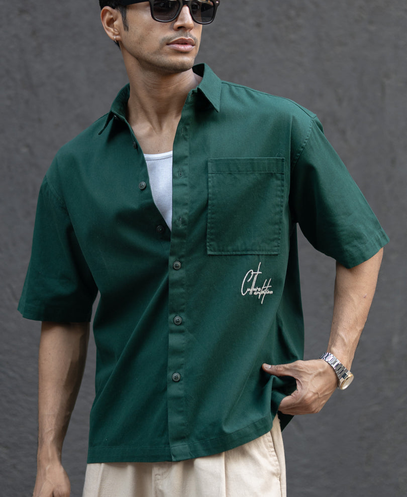 Dark Teal Embroidered Structured Shirt.